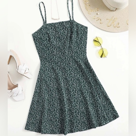 Floral Green Square Neck Cut Dress - Picture 1 of 3